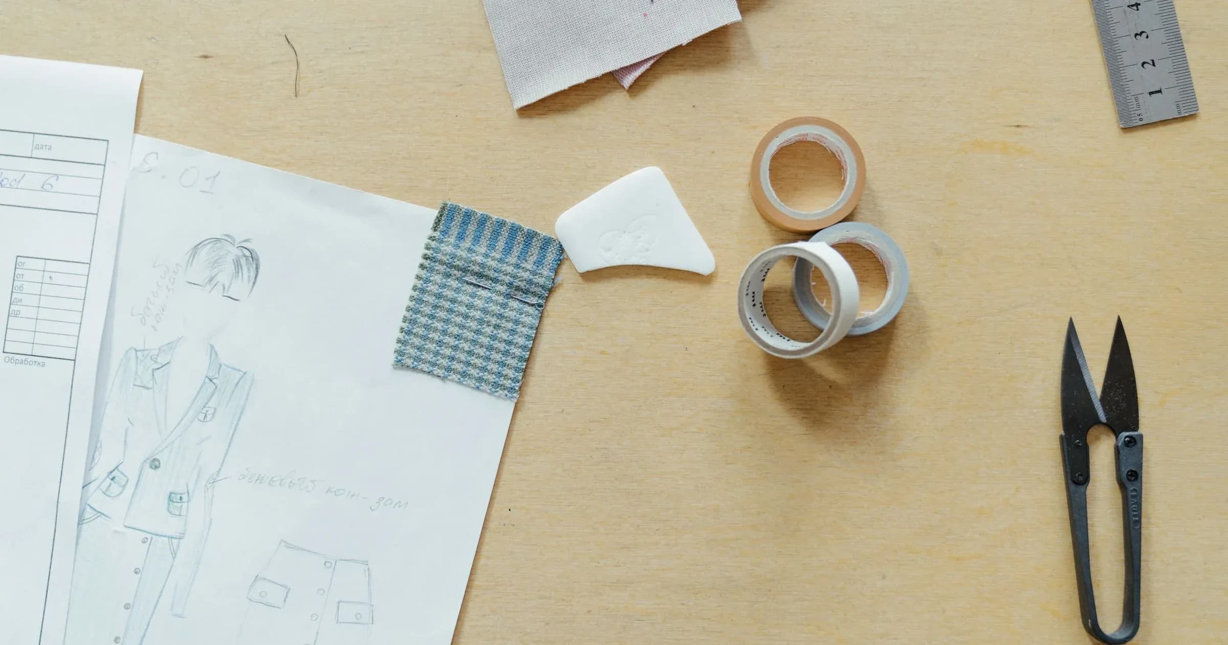 Garment sketch, fabric swatch and sewing tools arranged for apparel product development