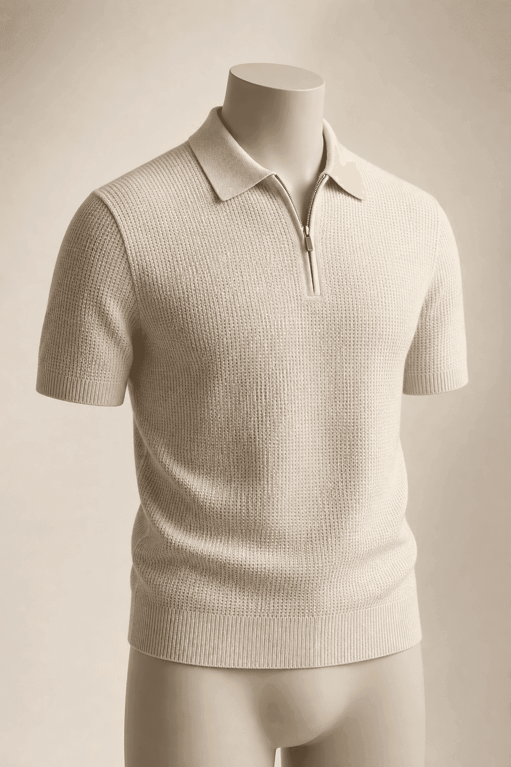 Stone Textured Zip Knit Polo on a headless mannequin for custom knitwear manufacturing