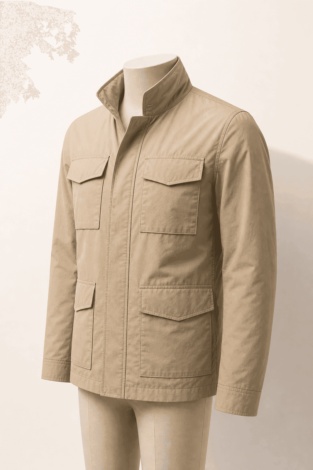 Sand Urban Field Jacket on a headless mannequin for private-label jacket manufacturing