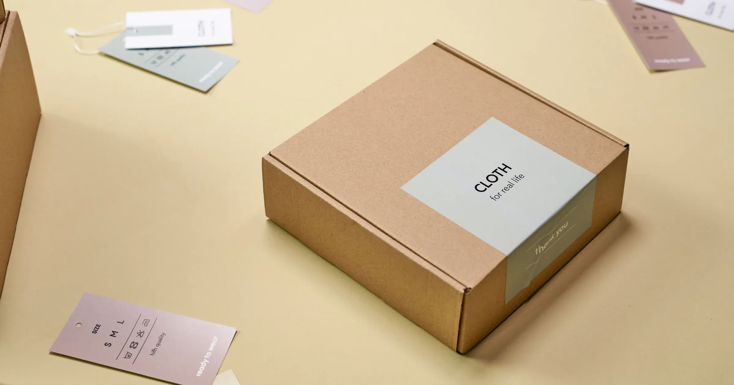 Blank clothing labels, hang tags and a plain kraft mailer box arranged on a pale surface
