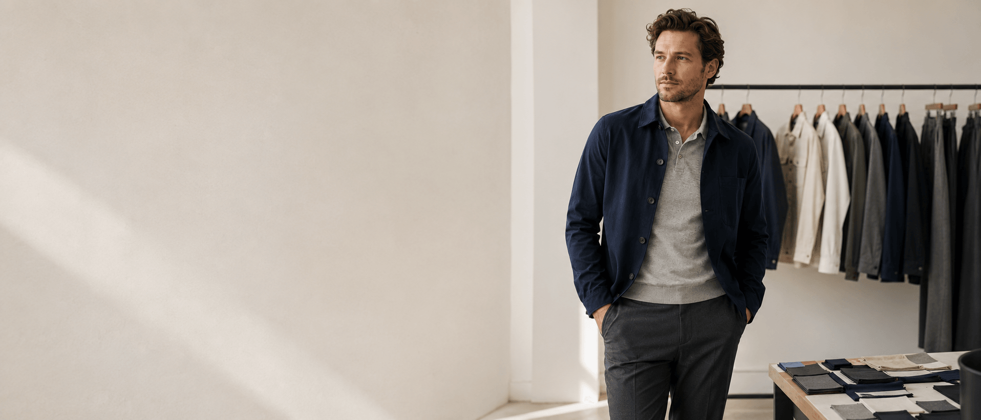 Smart-casual menswear model in a navy overshirt beside a coordinated showroom collection