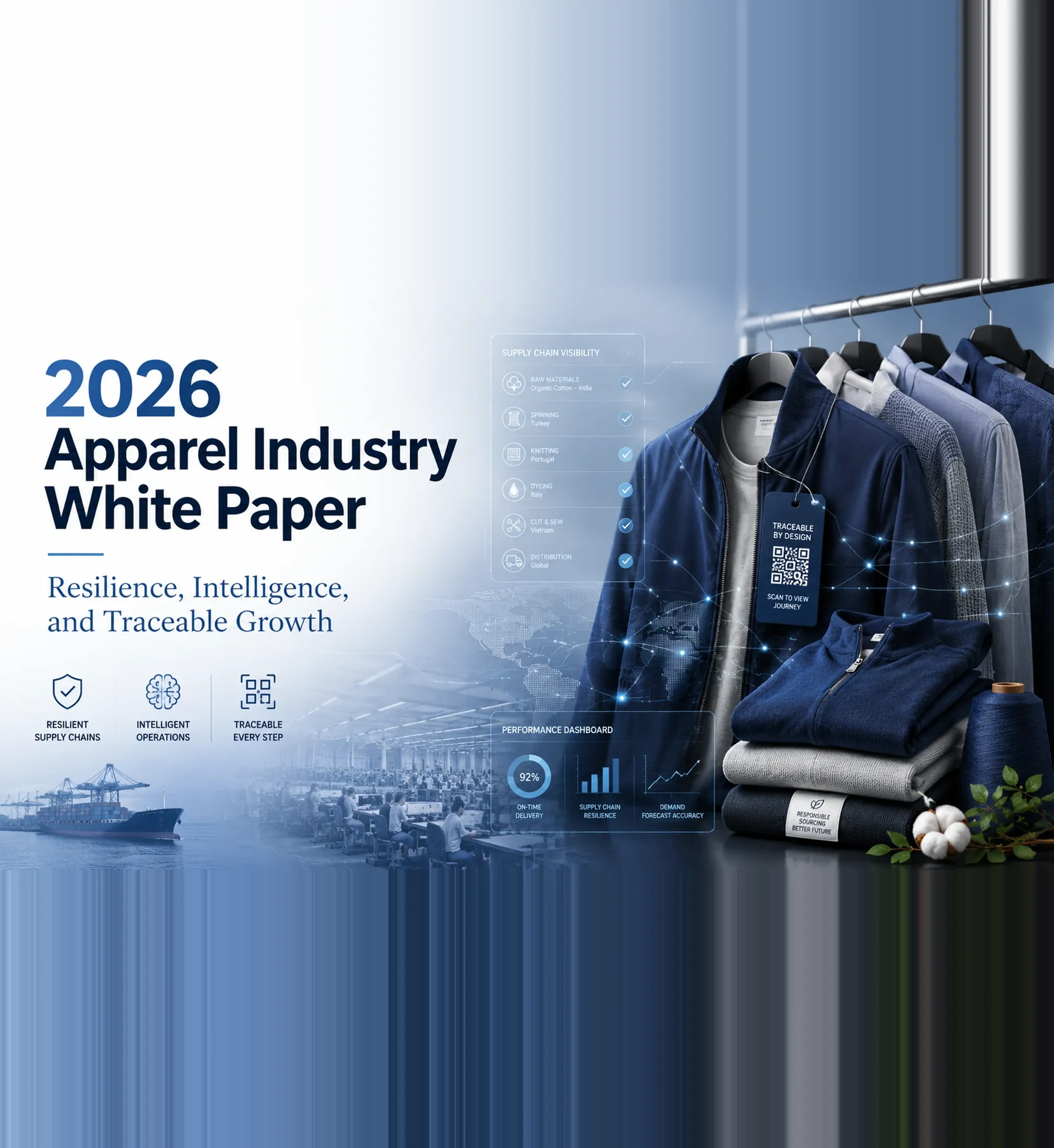 2026 apparel industry white paper cover showing a garment factory sewing floor, a container ship, navy knitwear on a rail and a supply-chain visibility panel tracing raw materials, spinning, knitting, dyeing, cut and sew and distribution
