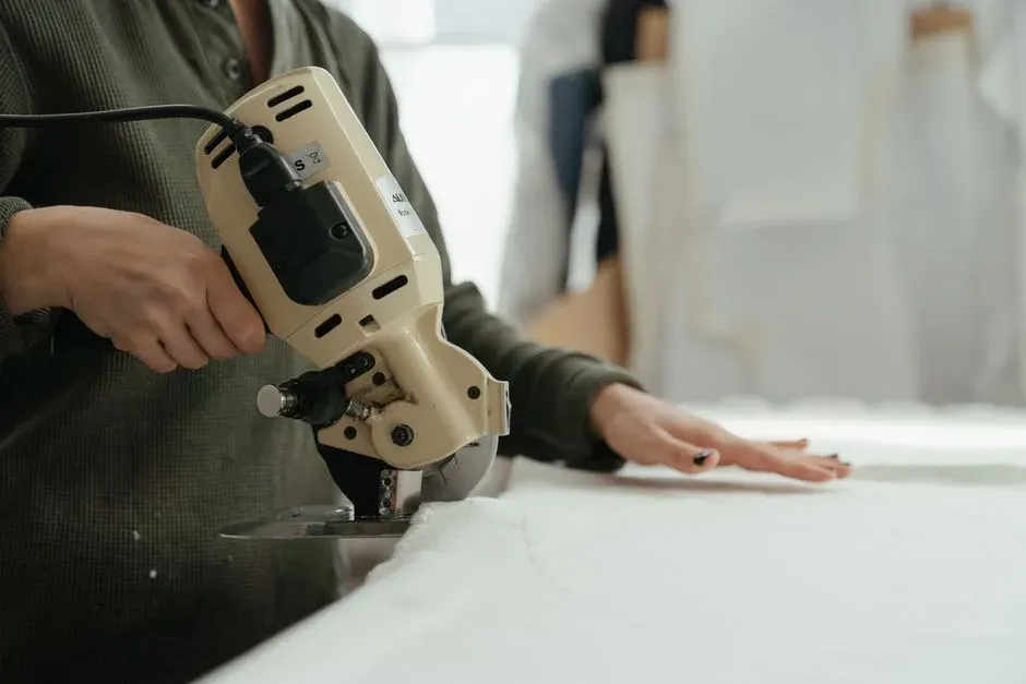 A worker cutting white fabric with a rotary cutting machine