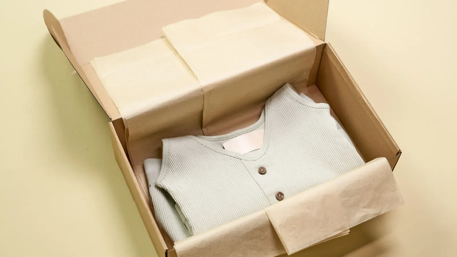 Folded shirt packed in a tissue-lined cardboard box