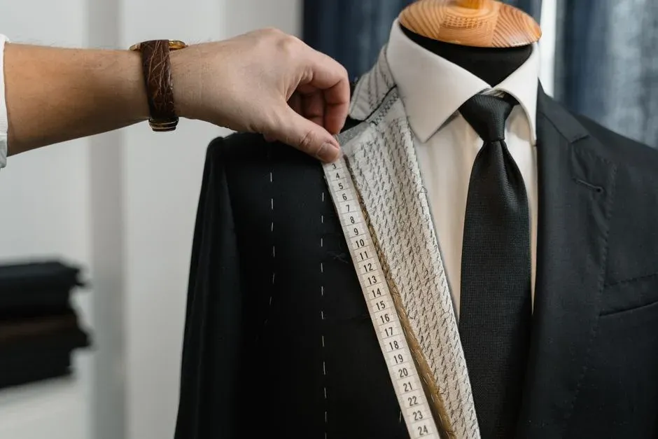 A tailor measuring a suit jacket on a mannequin with a tape measure