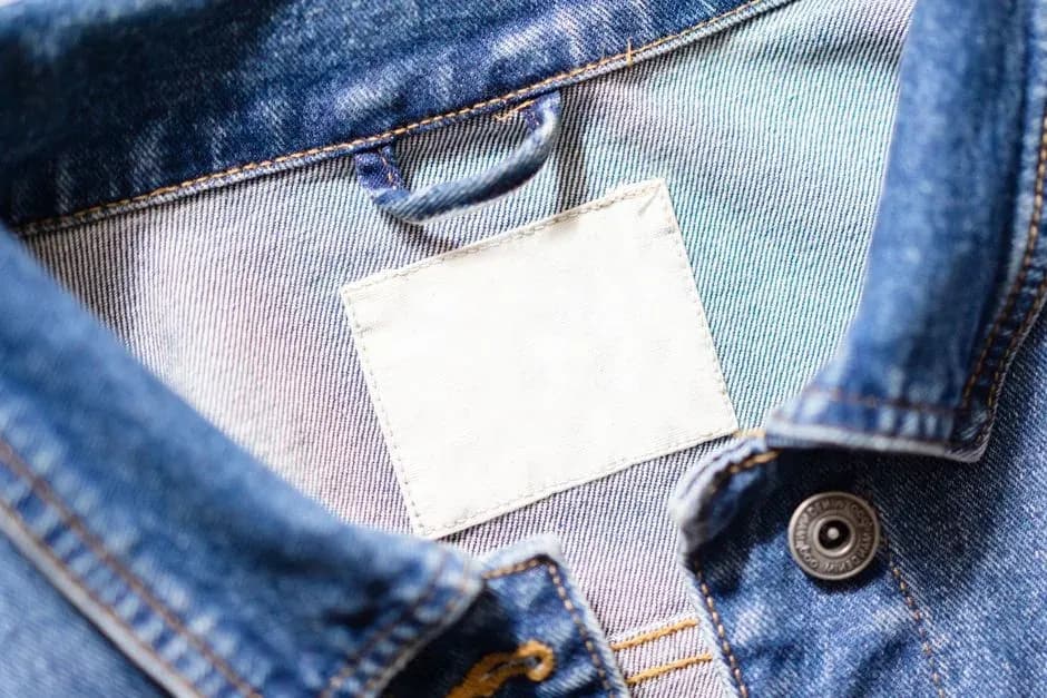 A blank white brand label stitched into the collar of a denim jacket