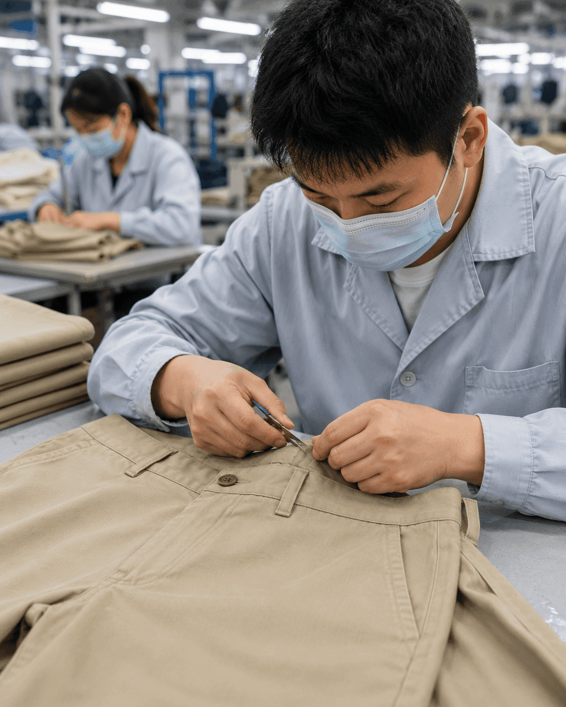 Garment quality inspector checking waistband and belt-loop workmanship on beige chino pants before bulk production
