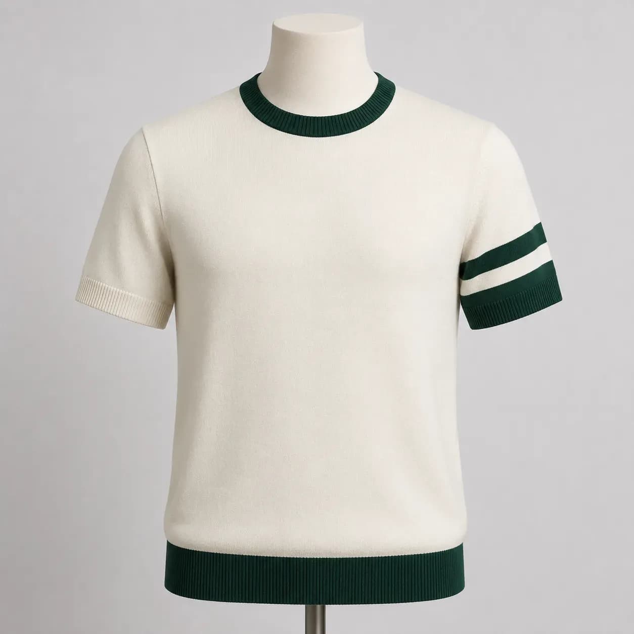 Contrast trim knit tee sample for private-label mens knitwear manufacturing.
