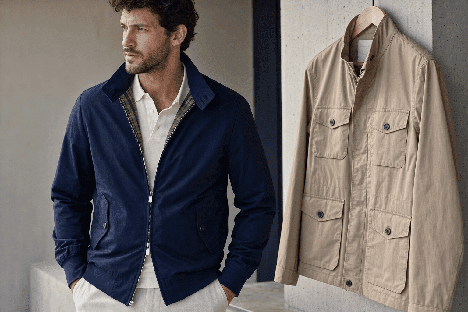Man wearing a navy lightweight jacket beside a beige field jacket for custom jacket manufacturing