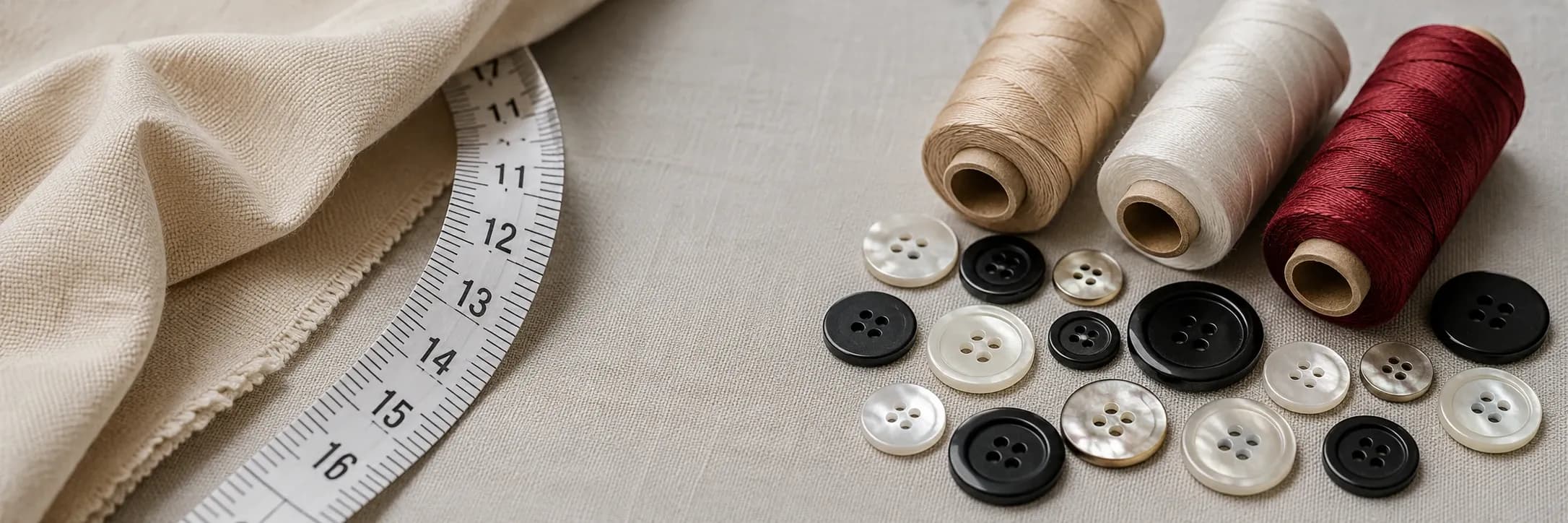 Tailoring trims, measuring tape and thread arranged on woven fabric