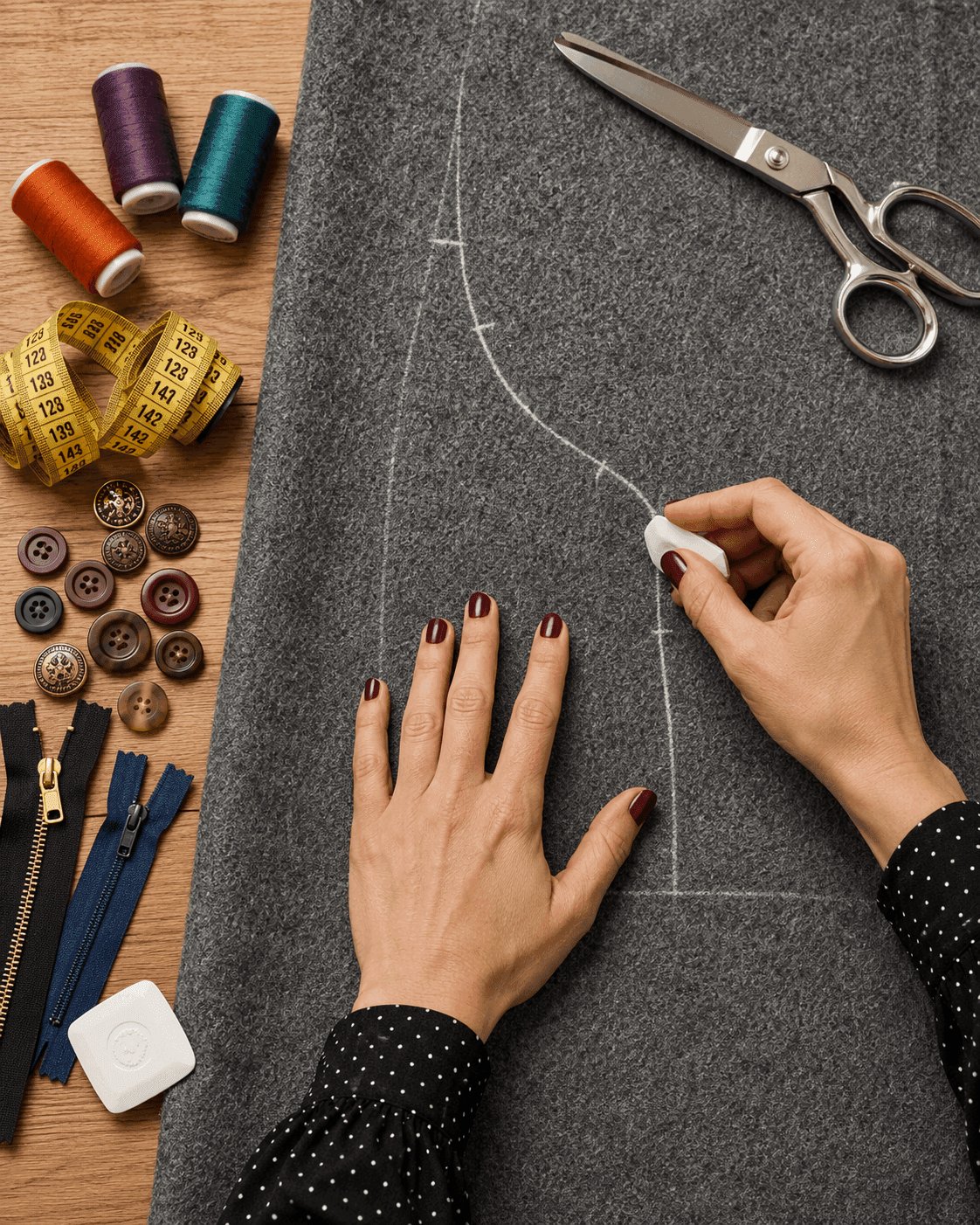 Pattern maker marking garment pattern lines beside scissors, thread, buttons and zippers
