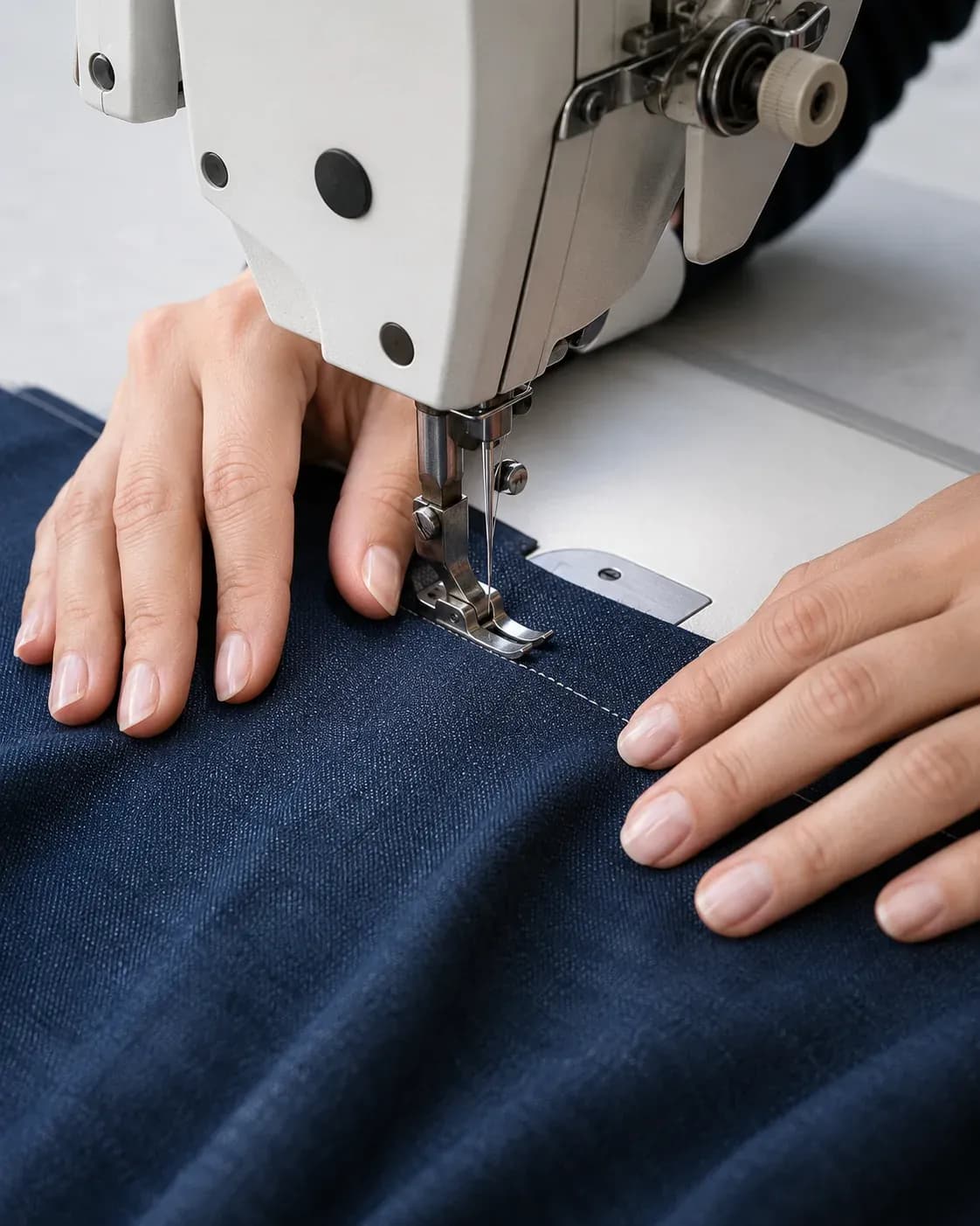 Industrial sewing machine stitching dark blue fabric for apparel product type development.