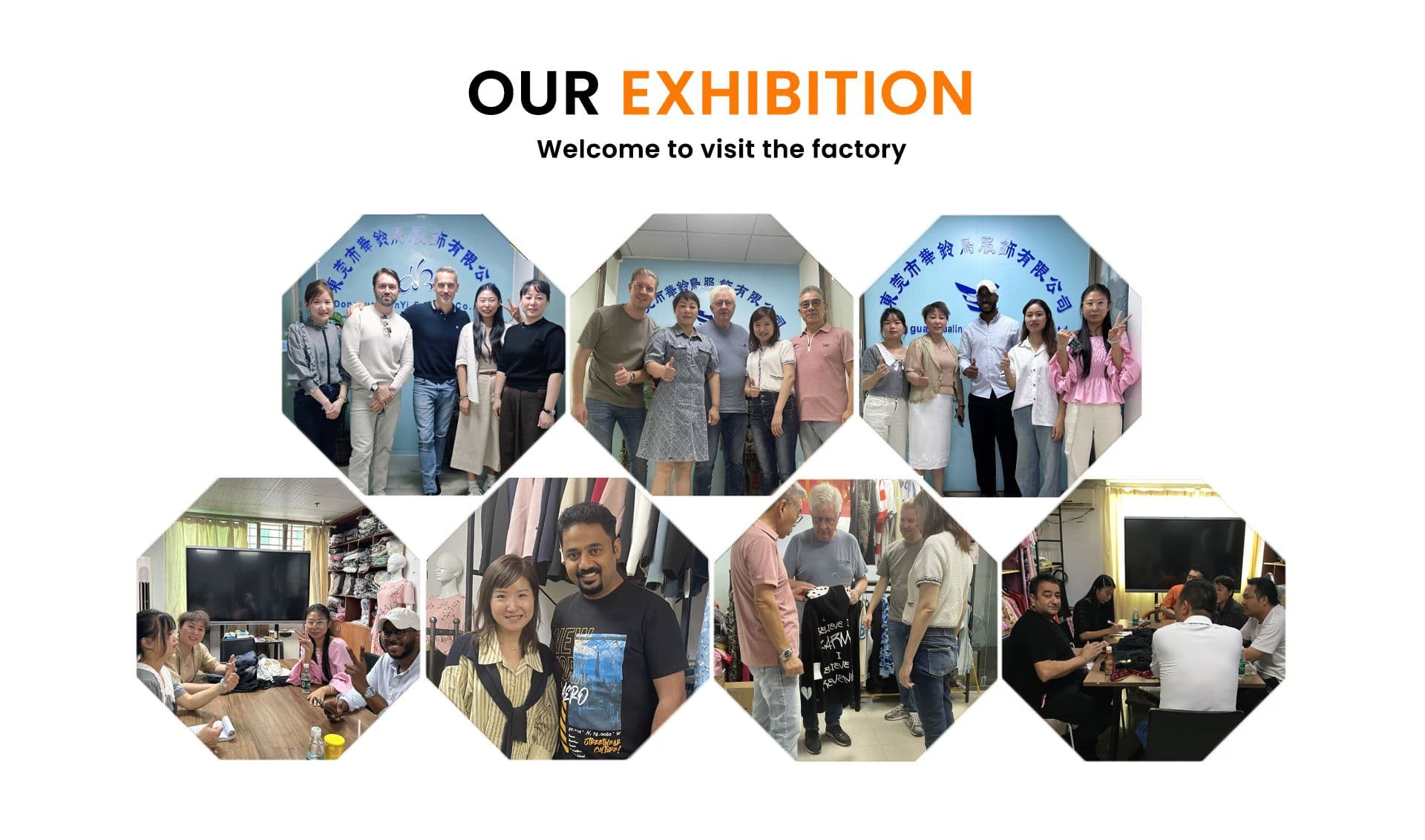 Cynida team meeting international buyers and reviewing garments at the Dongguan factory