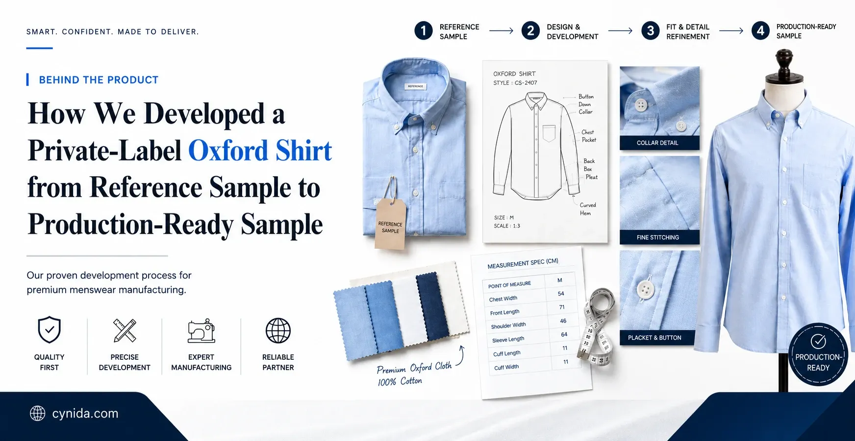 Private-label blue Oxford shirt development process with reference shirt, specifications and collar details