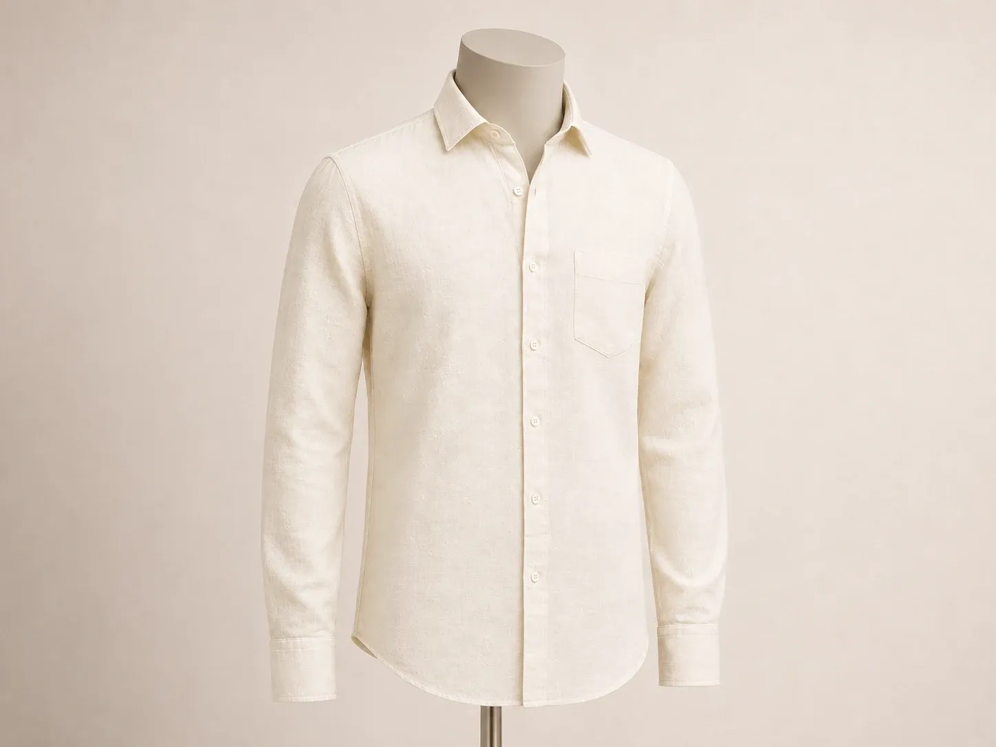 Ivory textured linen-blend shirt on a neutral headless mannequin for private-label menswear development