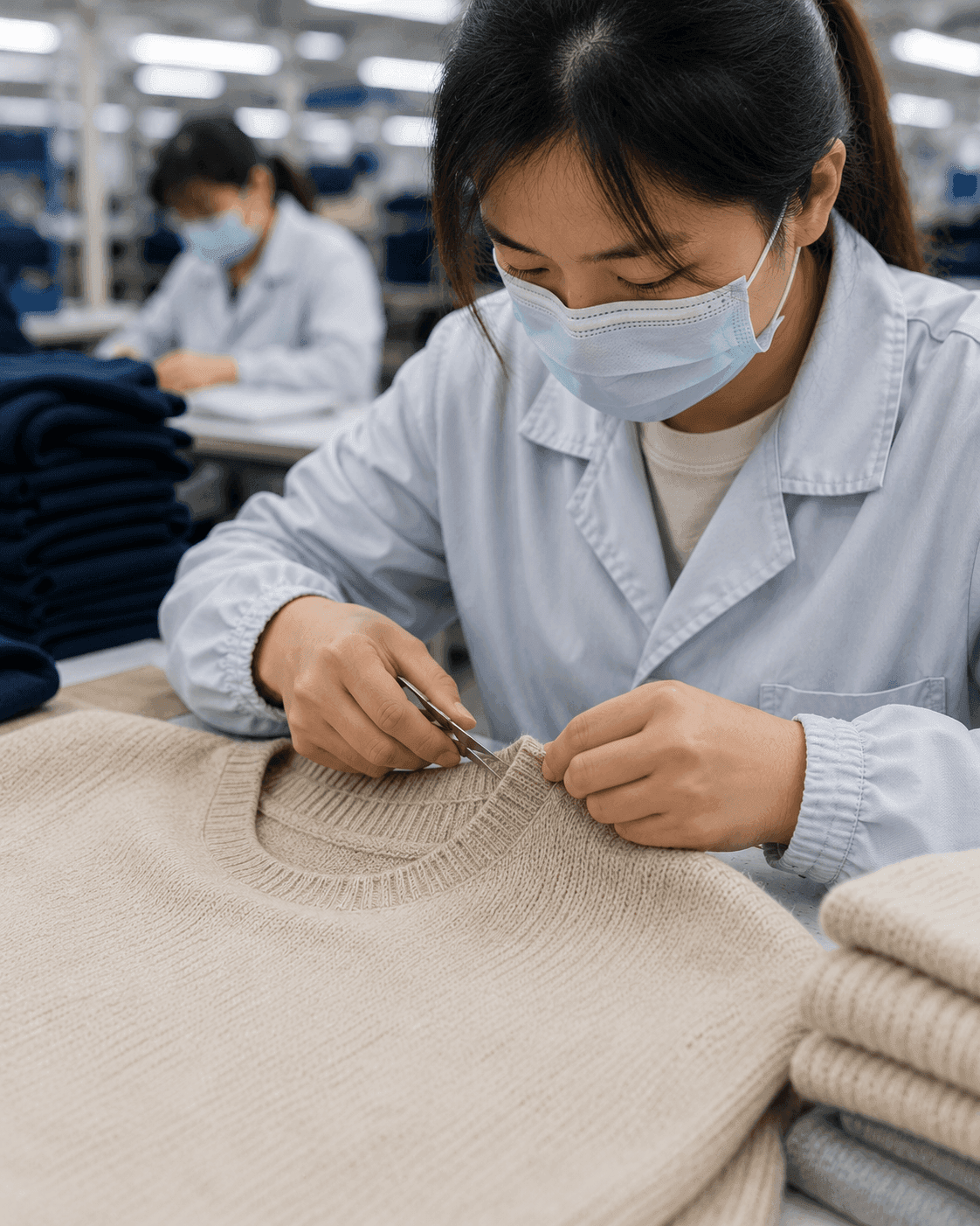 Garment quality inspector trimming loose yarn at the neckline of a beige knitwear sample before bulk production