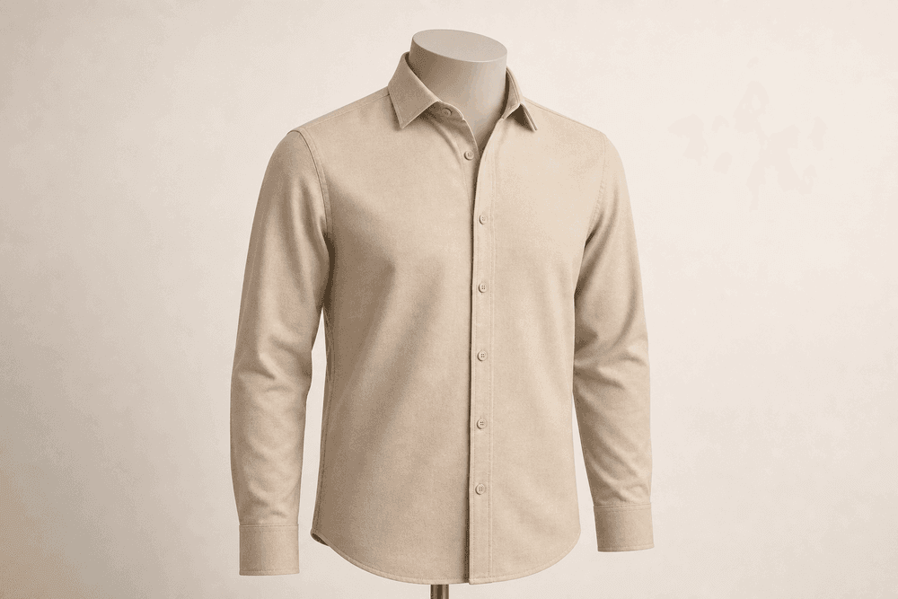 Sand Brushed Twill Shirt on a headless mannequin for private-label menswear manufacturing
