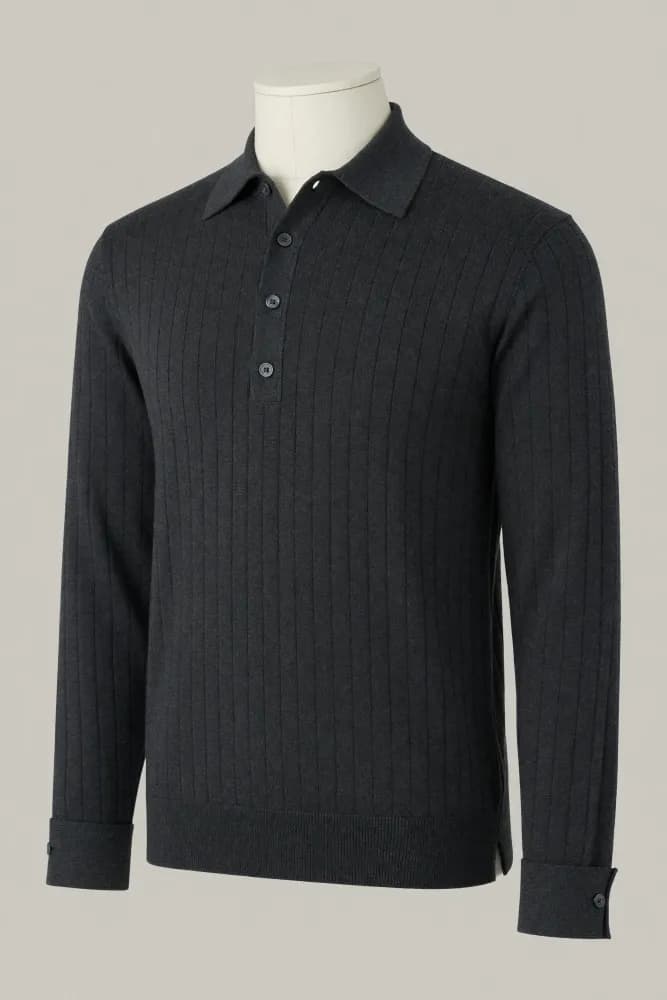 Charcoal fine-rib long-sleeve knit polo with multiple buttons, wide cuffs and side slits on a mannequin for private-label development