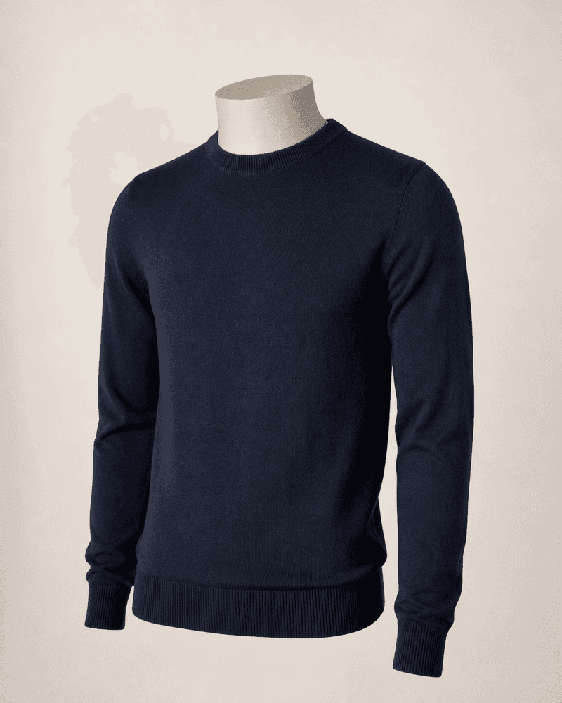 Navy Fine Merino Crewneck on a headless mannequin for private-label knitwear manufacturing