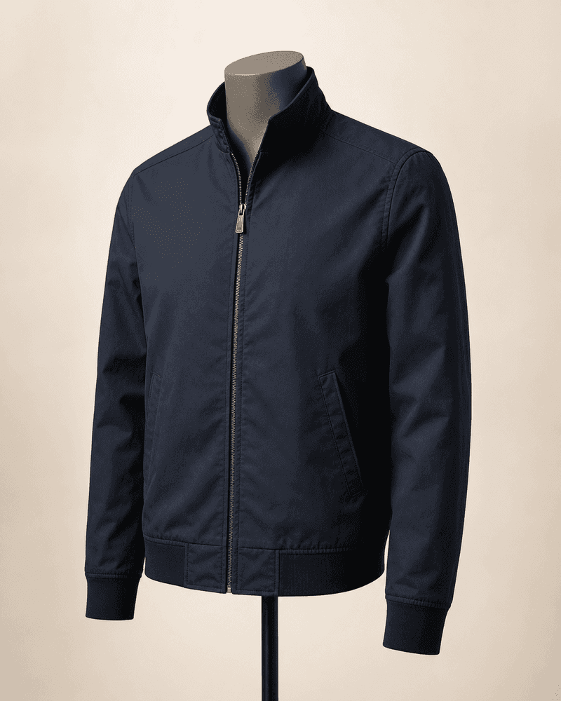 Deep navy Lightweight Harrington jacket on a headless mannequin for OEM jacket manufacturing