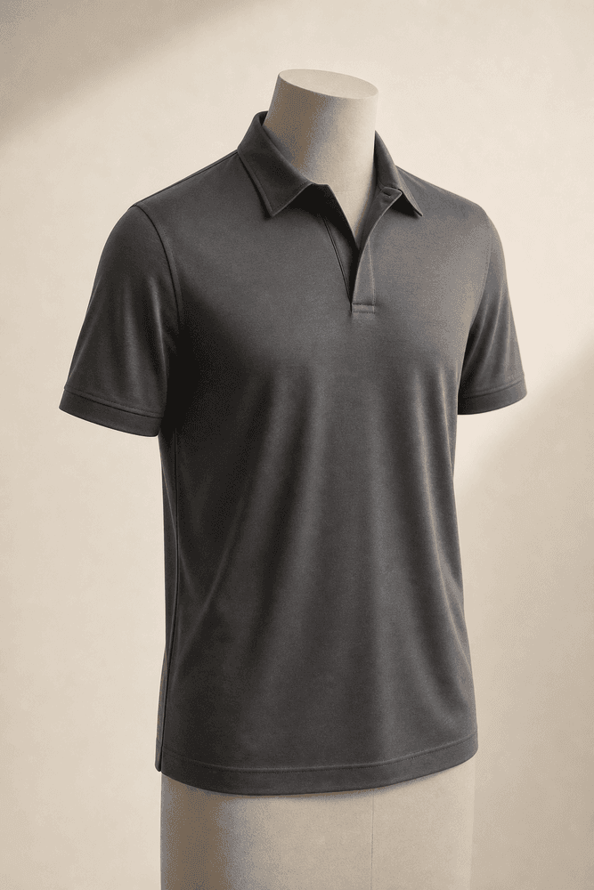 Charcoal Mercerized Jersey Polo on a headless mannequin for OEM menswear manufacturing