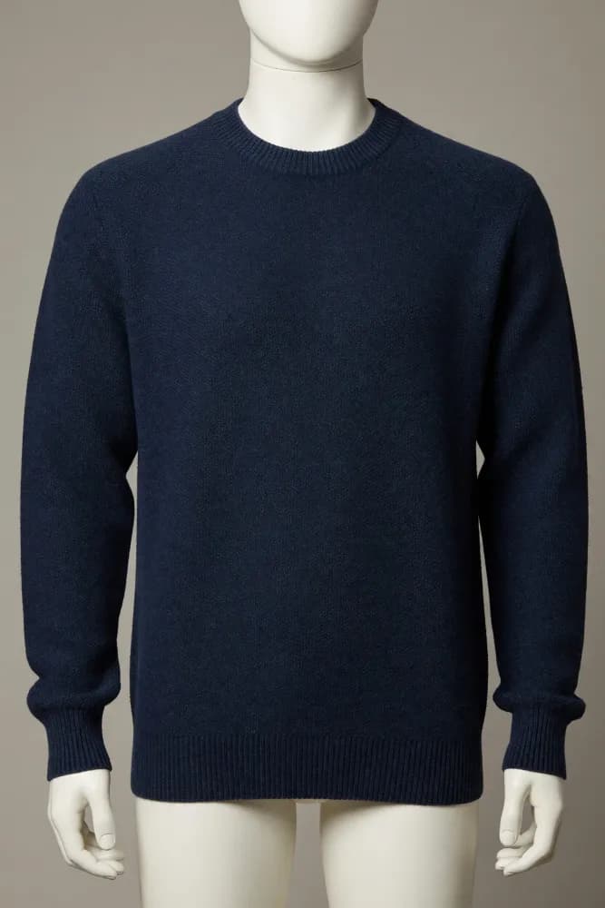 Navy long-sleeve crewneck sweater with deep rib cuffs and hem shown on a mannequin for private-label development