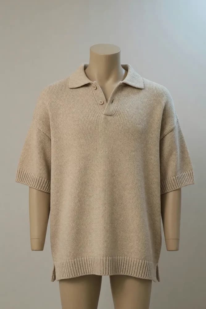 Sand relaxed open-collar short-sleeve knit polo presented on a torso mannequin for private-label collection development