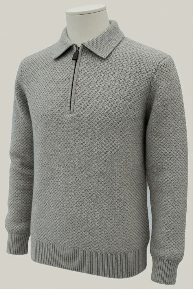 Silver grey seed-stitch zip-collar sweater shown on a headless mannequin for OEM private-label knitwear development