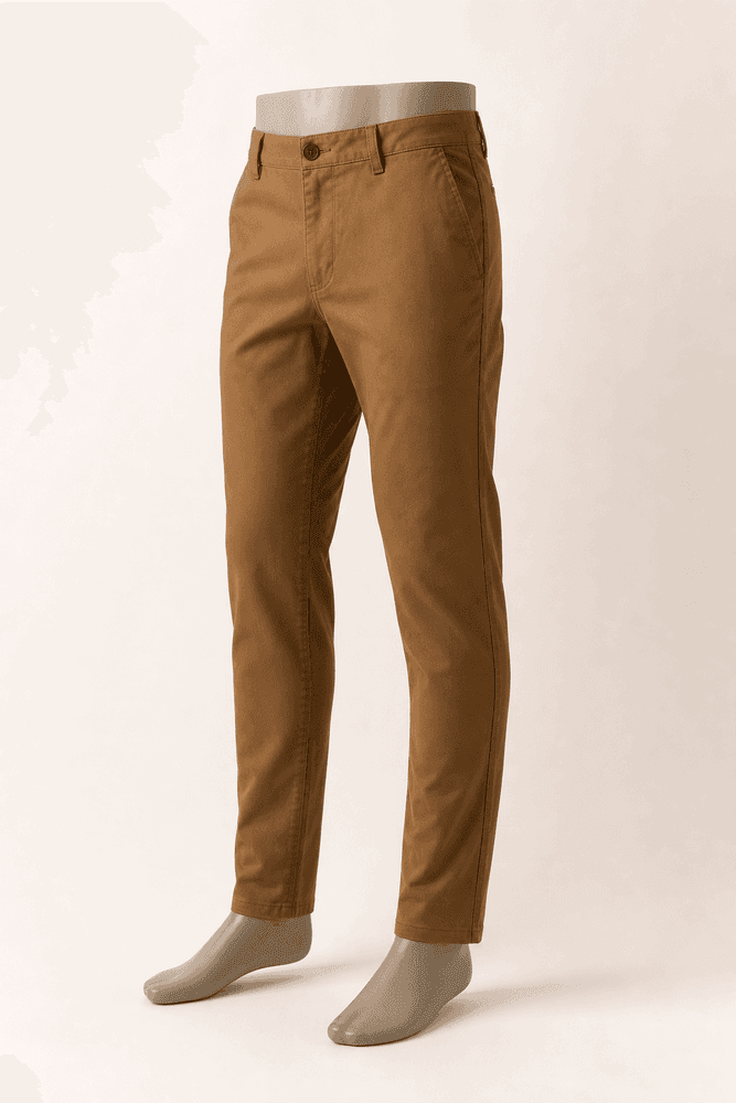 Tobacco Stretch Tapered Chino trousers on a lower-body mannequin for custom chino production