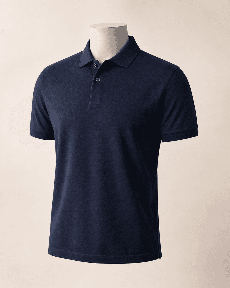 Navy Structured Pique Polo on a headless mannequin for custom polo manufacturing