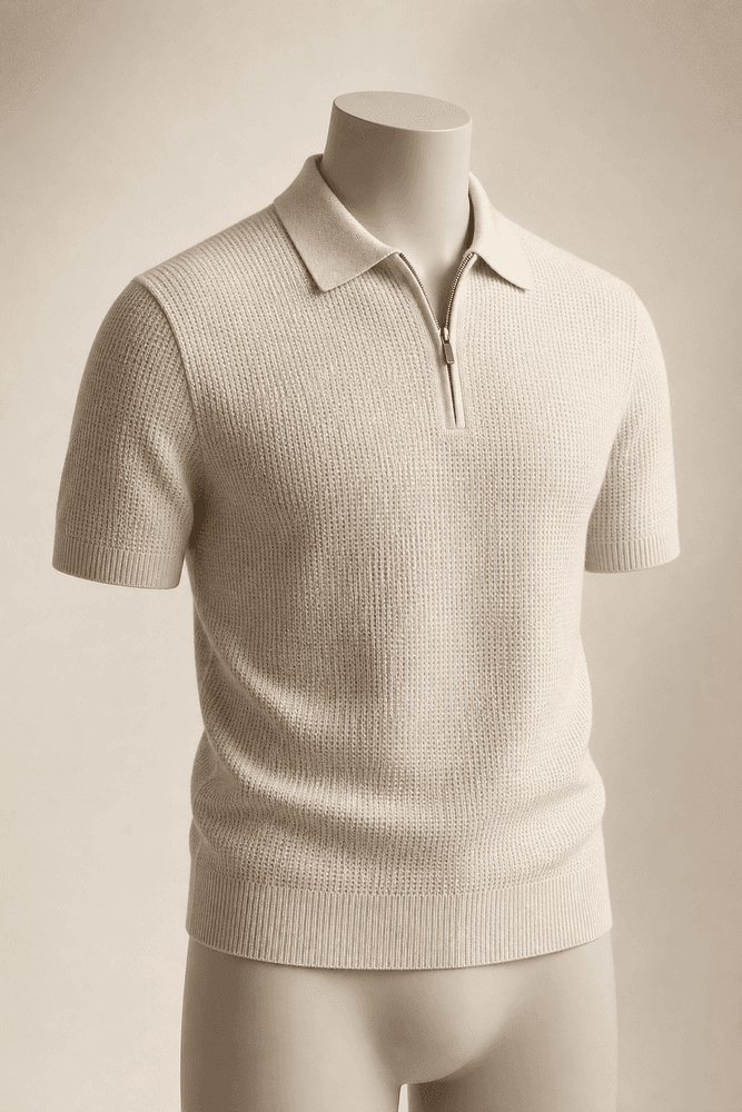 Stone Textured Zip Knit Polo on a headless mannequin for custom knitwear manufacturing