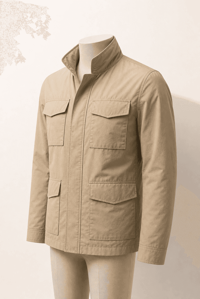 Sand Urban Field Jacket on a headless mannequin for private-label jacket manufacturing
