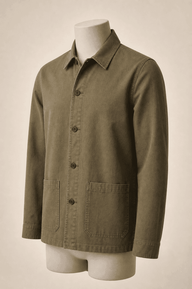 Muted olive Utility Overshirt on a headless mannequin for private-label overshirt manufacturing