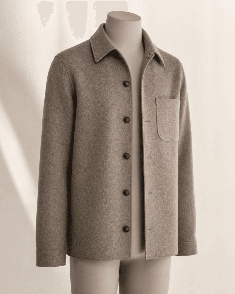 Taupe Wool-Blend Overshirt on a headless mannequin for smart-casual menswear manufacturing