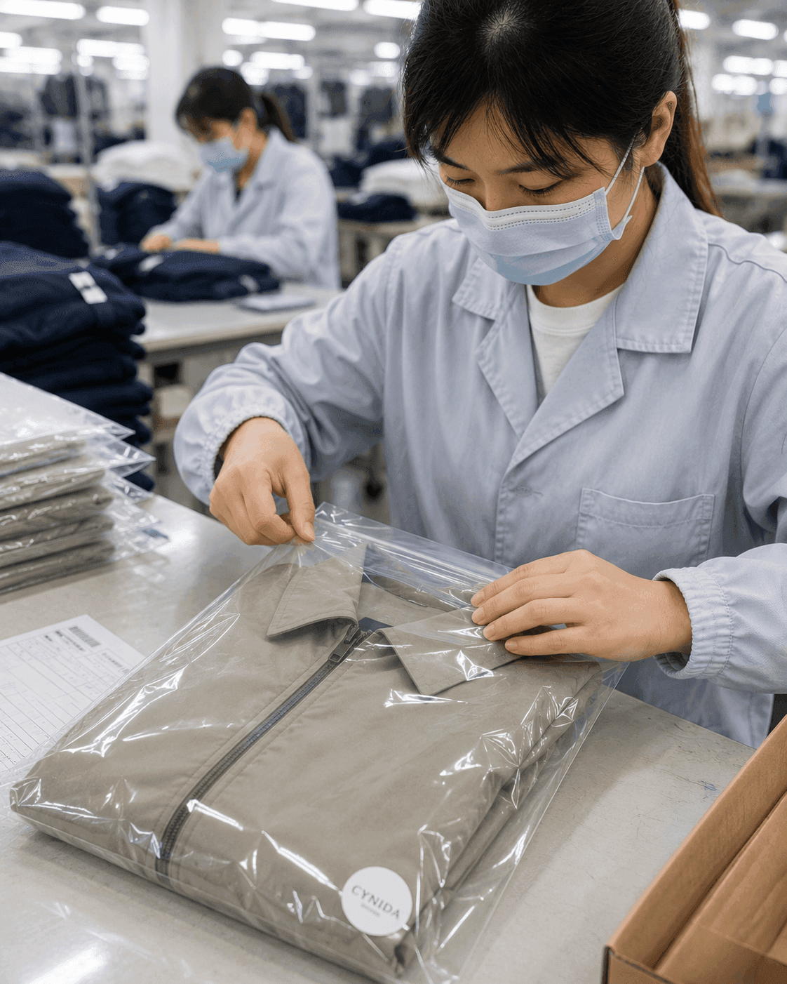 Garment quality inspector reviewing the final packaging of a lightweight jacket before shipment