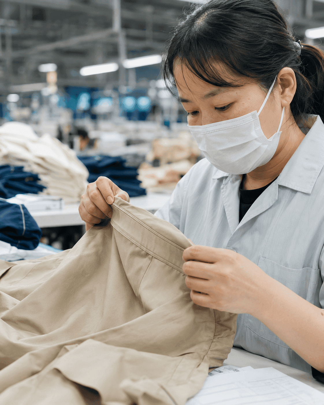 Garment quality inspector checking seam construction on a beige menswear sample before bulk production