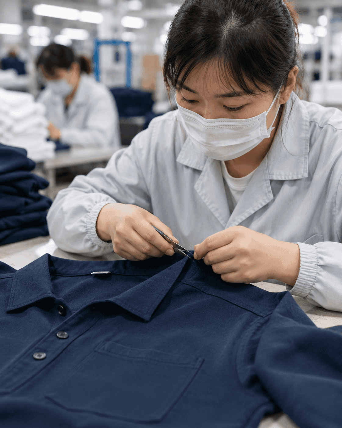 Garment quality inspector trimming loose threads on a navy overshirt before bulk production