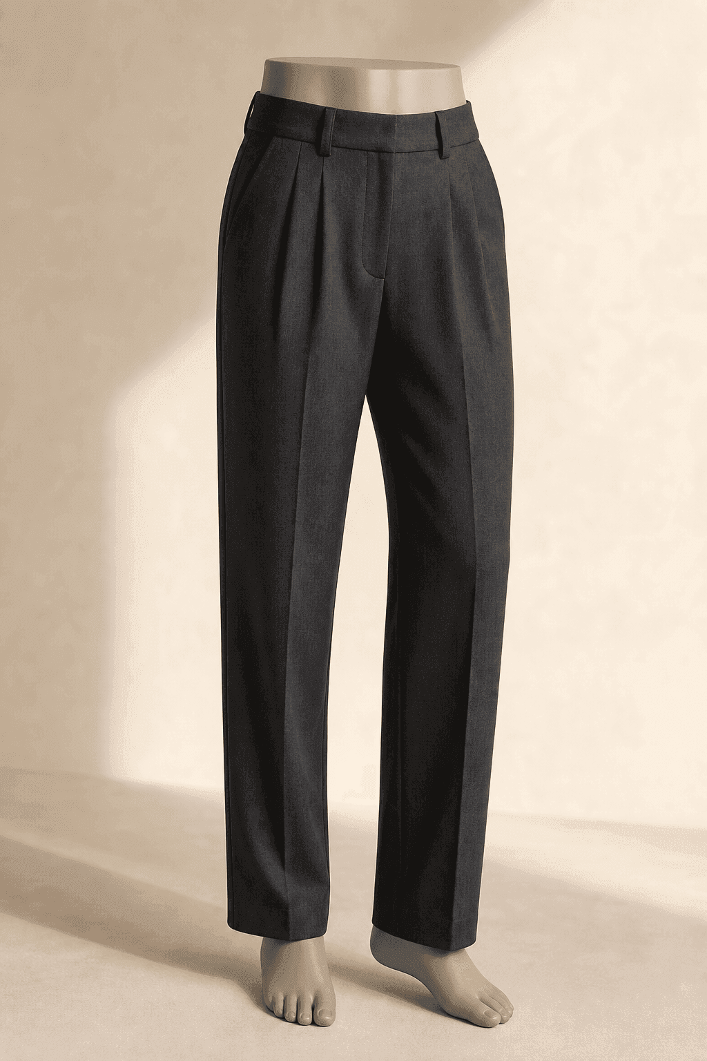 Charcoal Pleated Casual Trouser on a lower-body mannequin for private-label trouser manufacturing