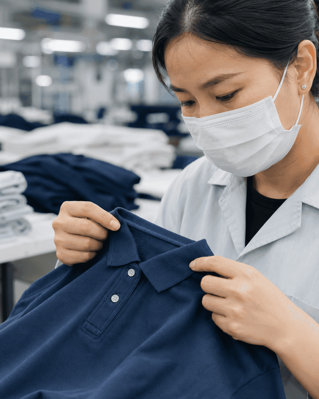 Garment quality inspector checking the collar, placket and buttons on a navy polo shirt before bulk production