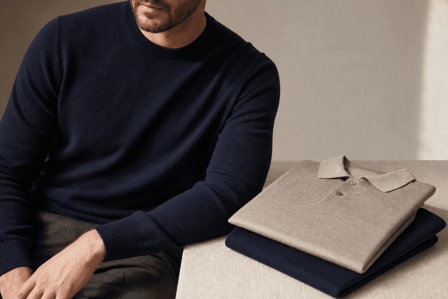 Man wearing a navy crewneck sweater beside folded knit polos for private-label men's knitwear manufacturing