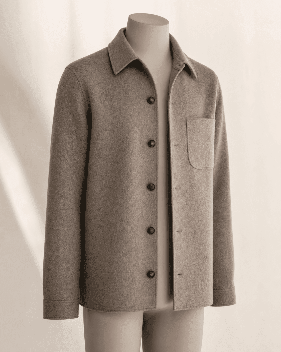 Taupe Wool-Blend Overshirt on a headless mannequin for smart-casual menswear manufacturing